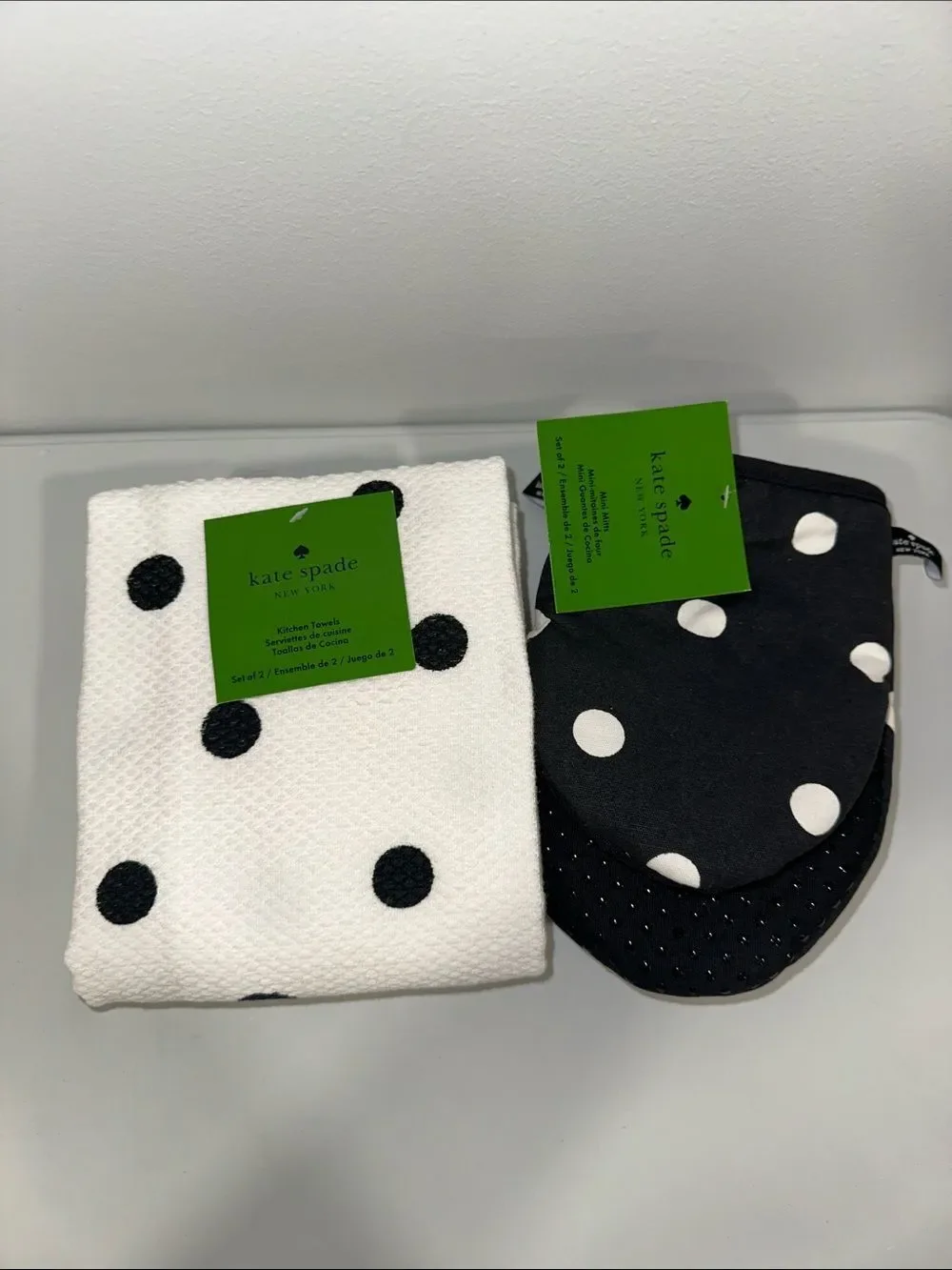 kate spade White Black Large Polka Dot Cotton Kitchen Towels & Mitt Set